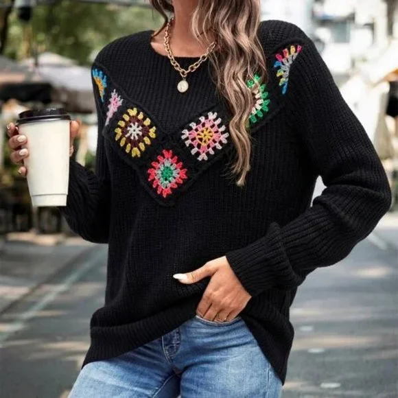 Crochet Floral Detailed round neckline black Ribbed Knit Sweater Top fall winte - Picture 5 of 6